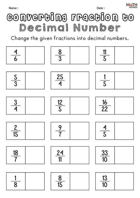 Converting decimals to fractions worksheet