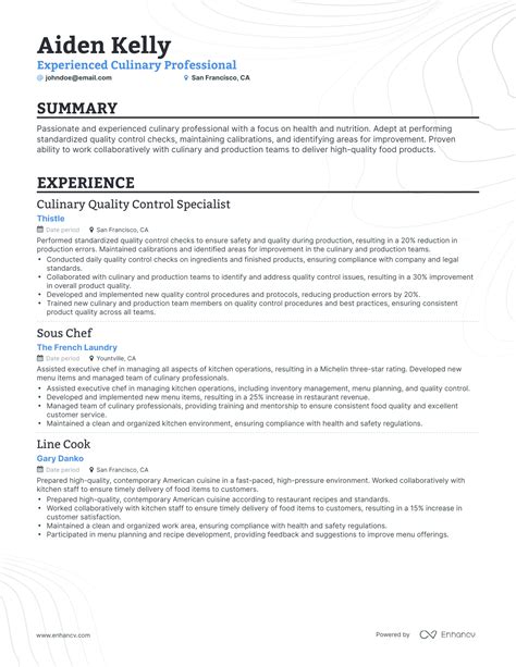 Cooking Experience Examples