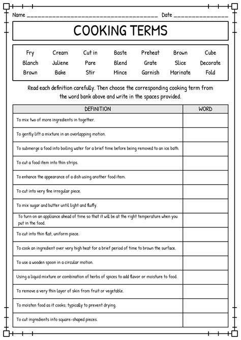 Cooking Terms Printable Worksheet