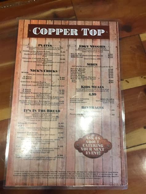 Copper Top Lunch Menu