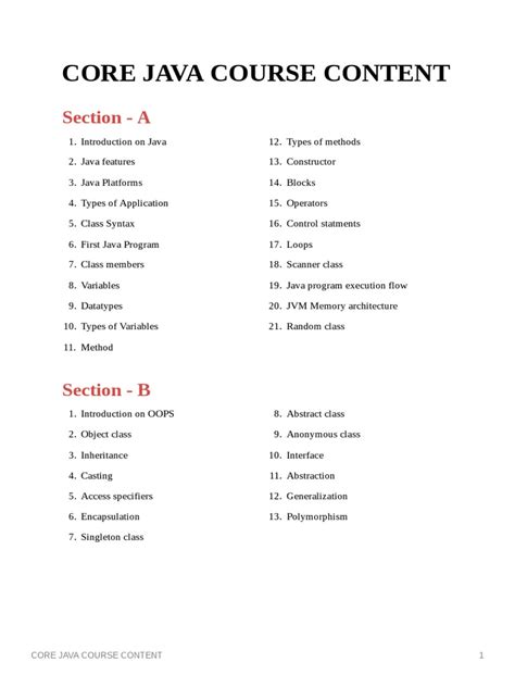 core java topics list