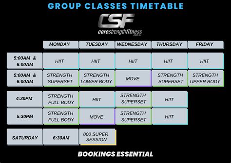 Core Strength Fitness Timetable