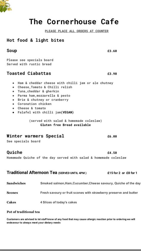 corner house cafe menu