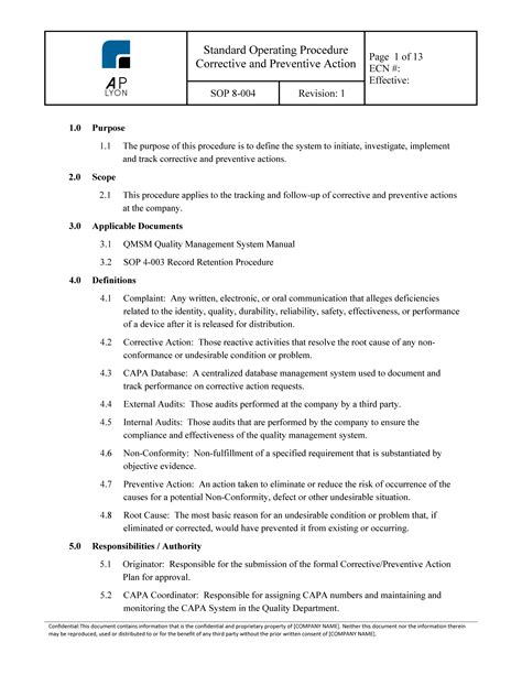 corrective and preventive action procedure template