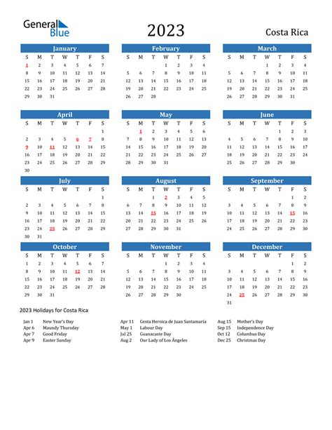 costa rica holiday calendar 2023
