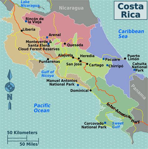 costa rica map with cities and regions
