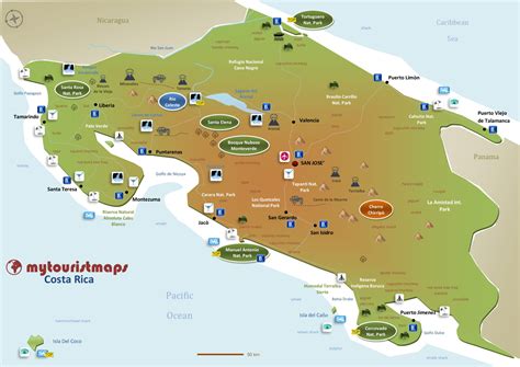 costa rica map with top tourist attractions