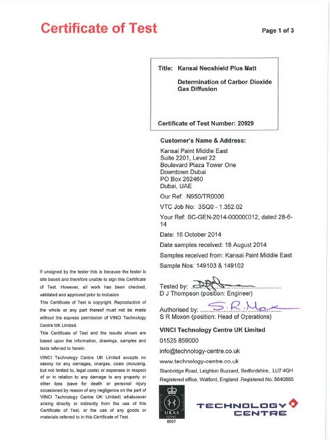 Cot Certificate Of Test