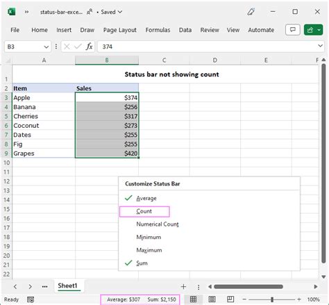 Count In Excel Bottom Bar Missing