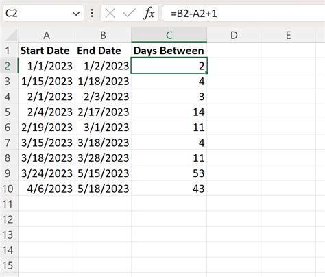 count number of days in excel between two dates