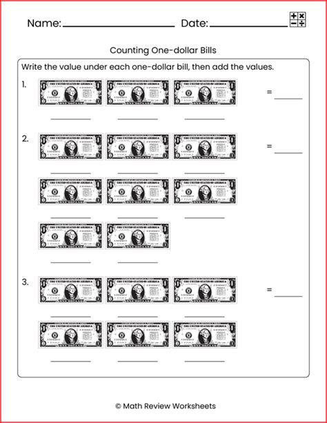 Counting Bills Everyday Math Worksheets