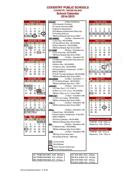 coventry elementary school calendar