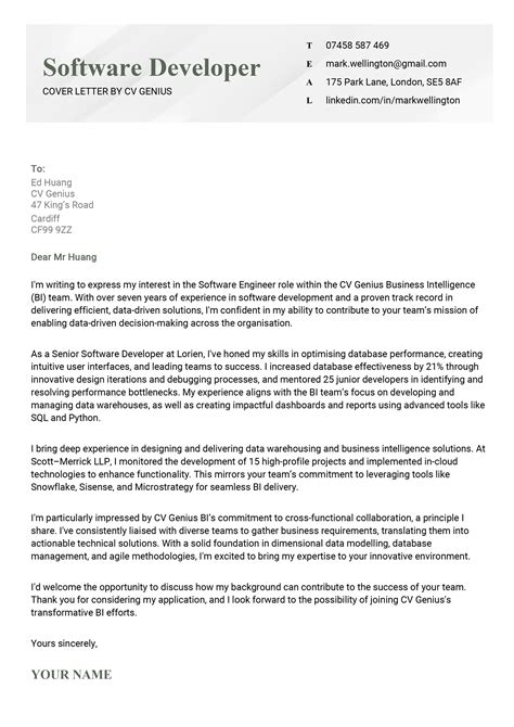 Cover Letter Example Software Developer