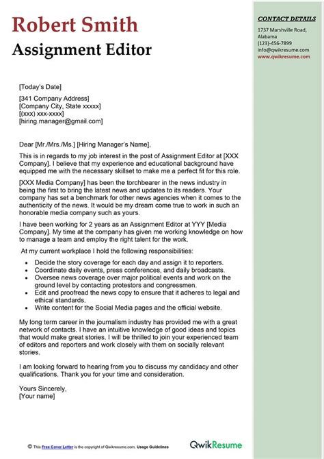 cover letter examples for assignment
