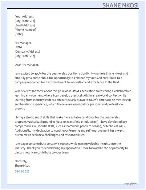Cover Letter Examples For Learnership