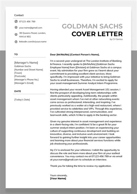 cover letter to goldman sachs