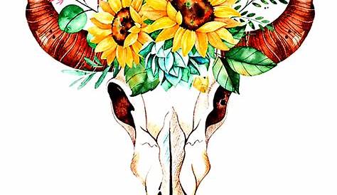 'Cow Skull with Flowers' Watercolor Painting Print on Canvas | Cow