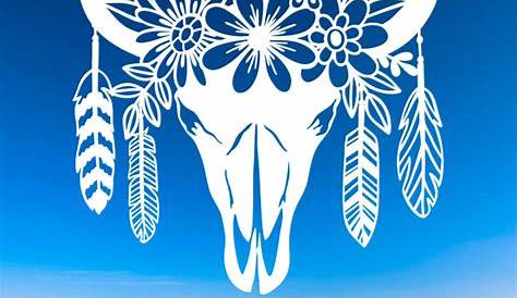 Cow Skull Flowers and Feathers Vinyl Sticker - Vinyl Decal, Car Window