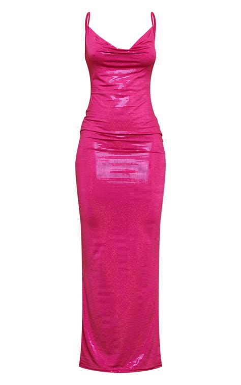 cowl neck dress with slit blush pink