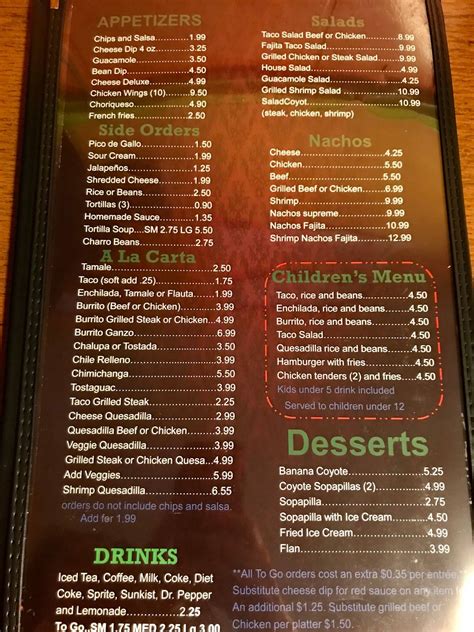 coyote mexican restaurant menu