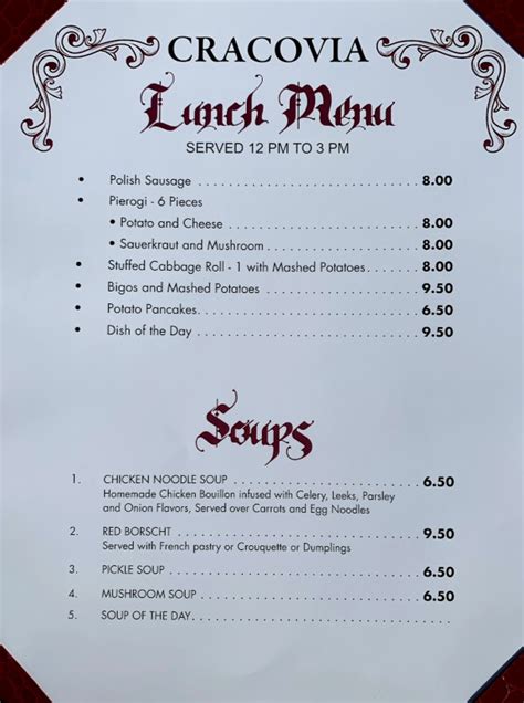 cracovia restaurant spring hill menu