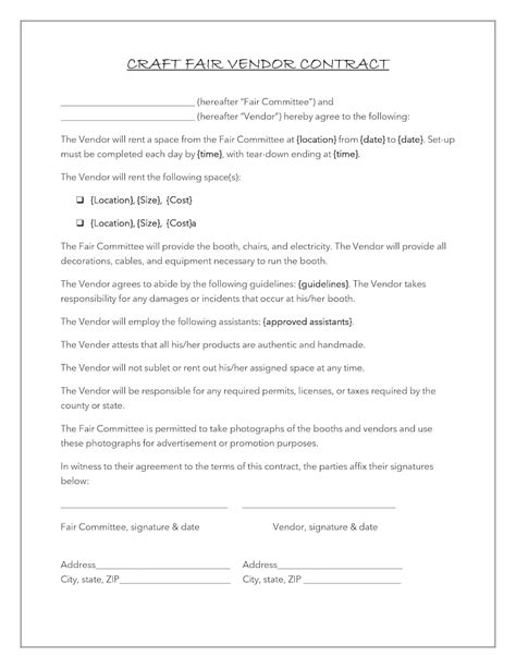 Craft Fair Contract Template Printable