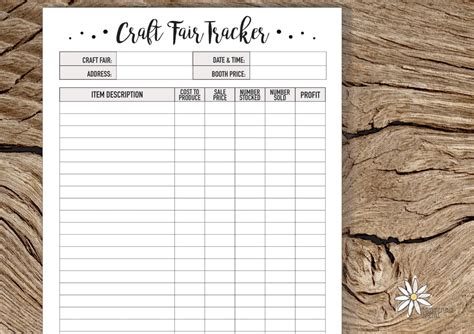 Craft Fair Printable Tracking Sheet
