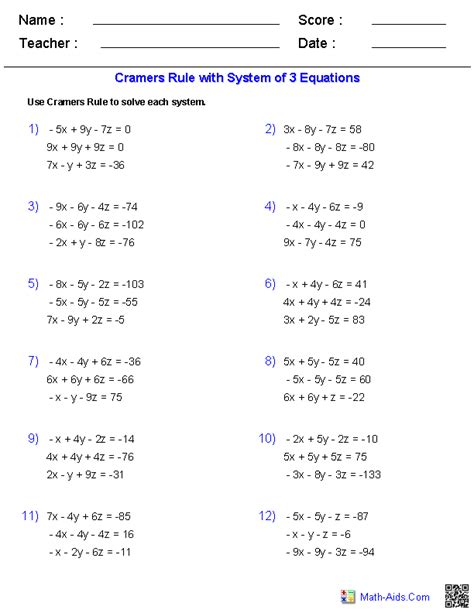 Cramer's Rule Practice Worksheet With Answers