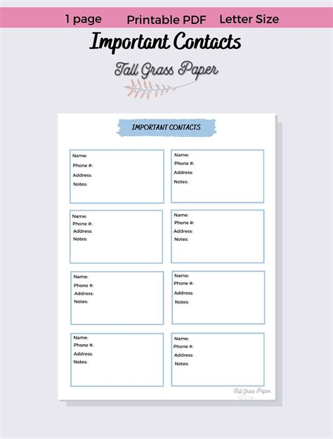 Create 365 Planner Important Contacts Printable