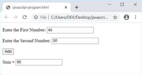 create a javascript program to add two numbers and display it