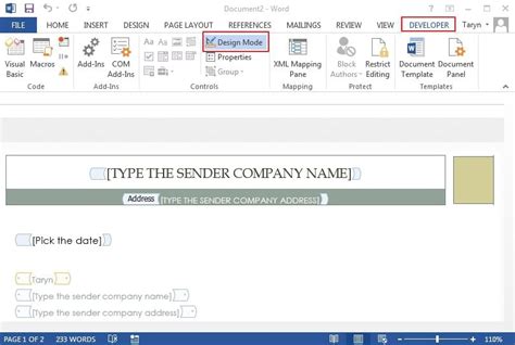create a word document template with fields