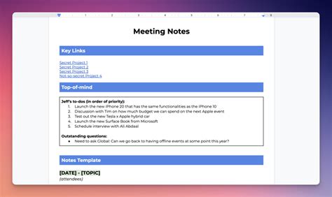 create meeting notes in google docs