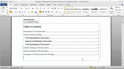 create table of contents in existing word document
