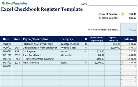 Creating A Checkbook Register In Excel