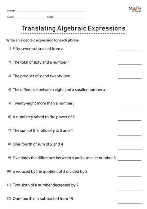 creating algebraic expressions worksheet printable template