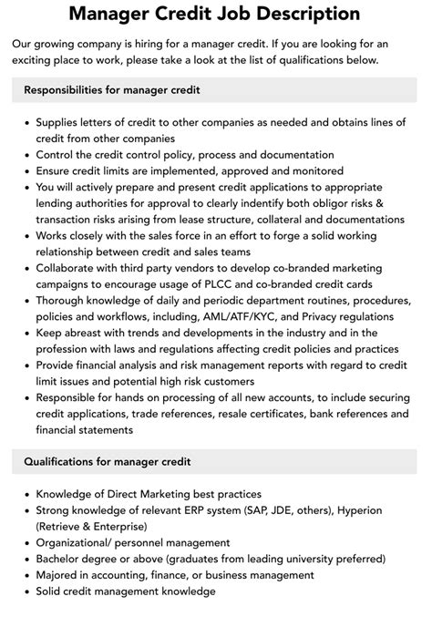 credit administration manager job description