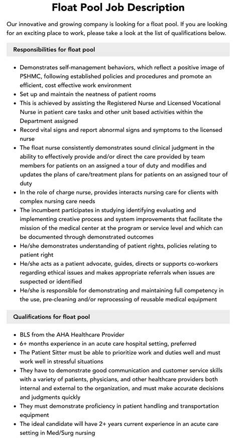 Critical Care Float Pool Job Description