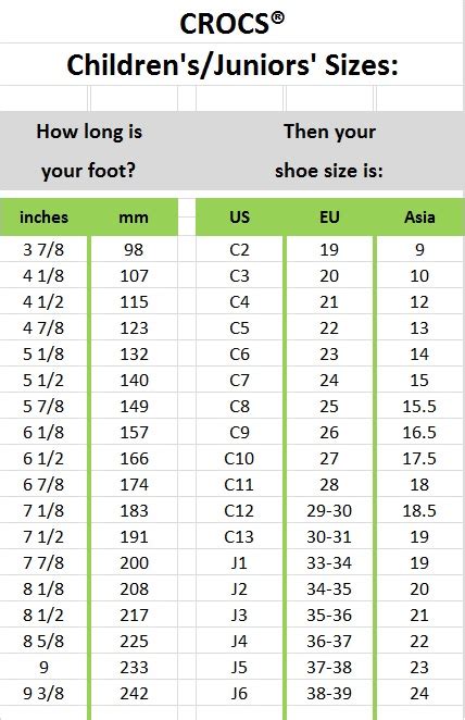 crocs kids shoe size guide