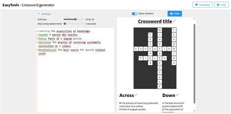 Screenshot of a crossword generator tool interface