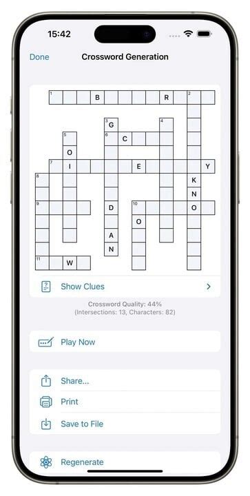 Illustration of crossword puzzle with customizable elements: theme, clues, grid size