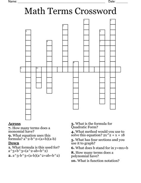 crossword puzzle using mathematical terms