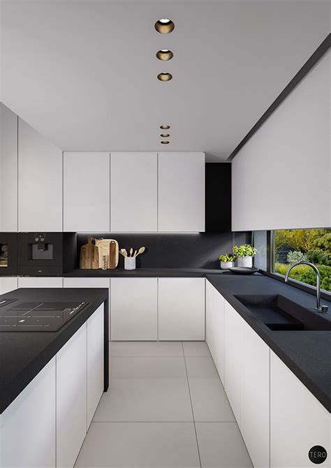cucina moderna bianca con top nero