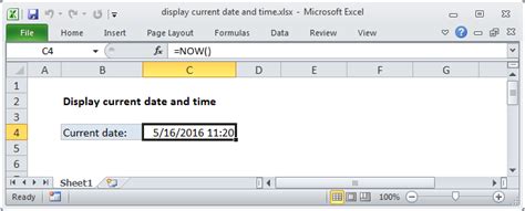 current date and time in excel function