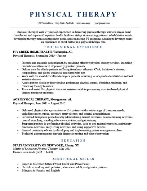 Physical Therapist CV Template Physical Therapist Resume Sample