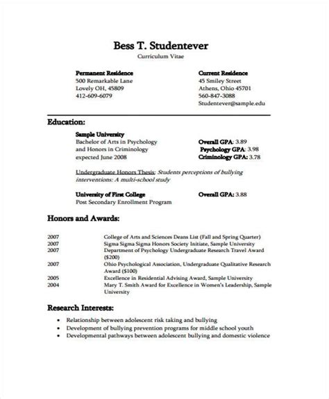 curriculum vitae example for students in research
