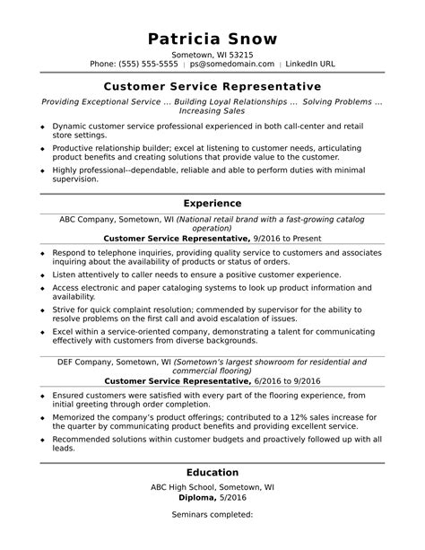 customer service representative resume Customer service