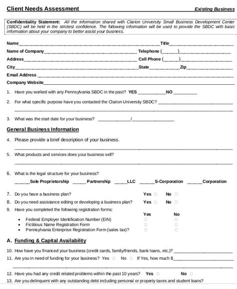 customer needs assessment form template