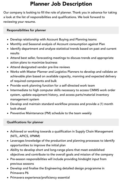 Customer Planner Job Description