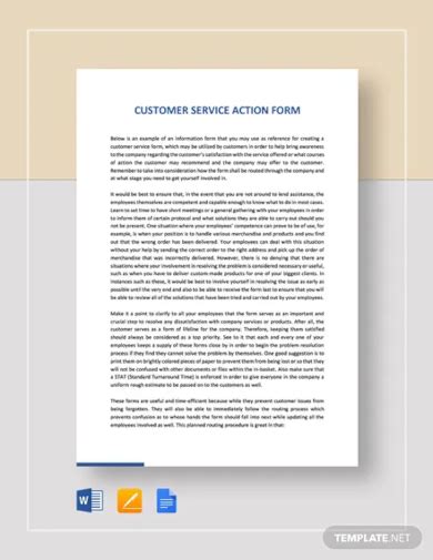 customer service action form template