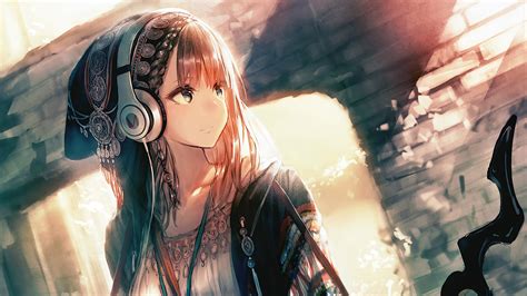 cute anime girl with headphones wallpaper